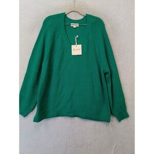 Marled Womens Green Ribbed Knit V-Neck Pullover Sweater Size Large NWT